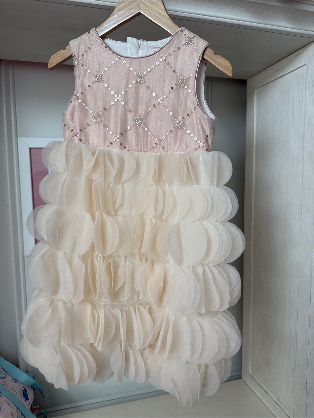 Tulle Pink Sequin Bodice Cream Petal-Layered Formal Dress